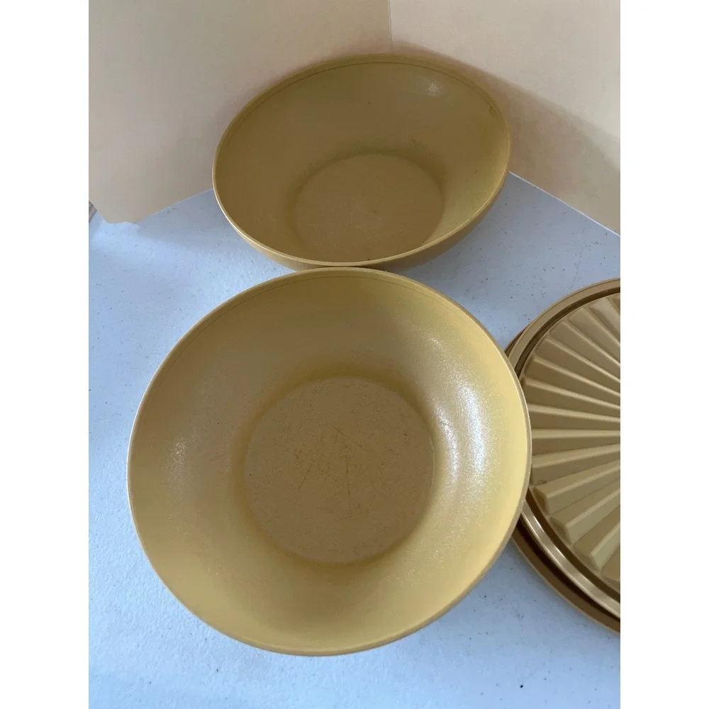 Vintage Tupperware Servalier Bowls Harvest Gold Mustard Yellow Set of 2 w/ Lids